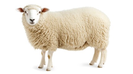 A white fluffy sheep standing with focused gaze upon the viewer