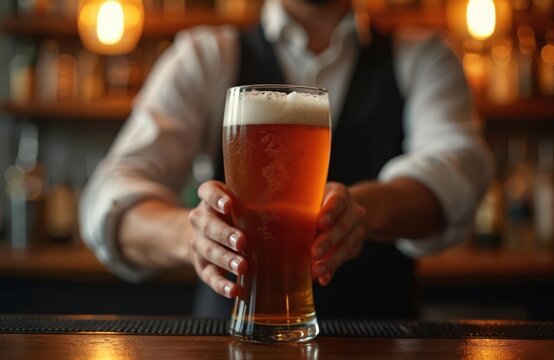 Bartender hand holds full glass of lager beer in bar. Man offers light ale on counter. Refreshment beverage with foam in pub. Cold drink, refreshment concept.