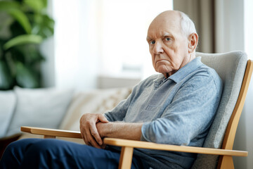 Portrait of a pensive senior man sitting at home, lost in his thoughts, with a serious and worried expression