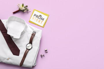 Paper sheet with text PROM NIGHT, shirt, male accessories and boutonniere on pink background