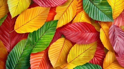 Fototapeta premium A Colorful autumn leaves create vibrant and warm atmosphere, showcasing shades of red, yellow, green, and orange. This natural display evokes feelings of change and beauty in nature