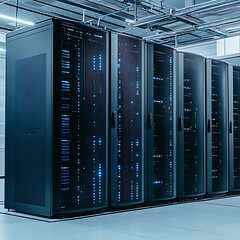 A row of computer server cabinets in a modern data center