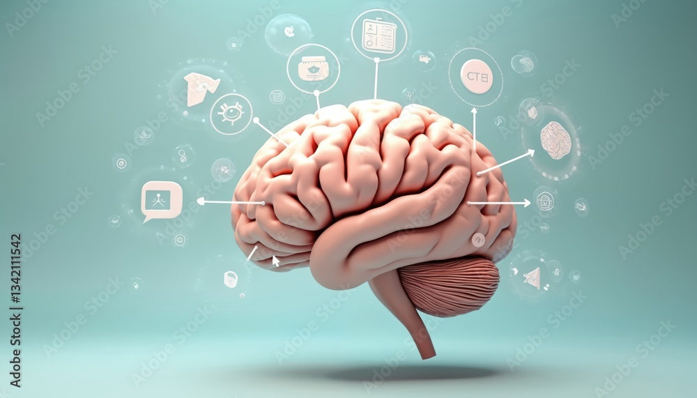 Aufkleber Brain with digital network connections, icons represents tech, data, AI. Visual of cognitive processes, info flow, graphic design. Neural system interaction, software application evolution in future