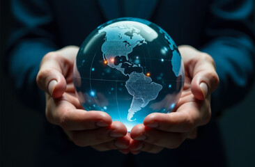Pair of hands holding a transparent globe with digital connections and nodes superimposed over it, representing a network, global communication