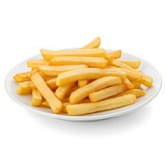 Golden French fries on white plate, isolated on white