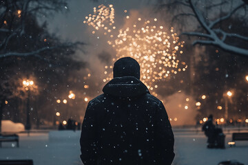 Dreamy Winter Night with a Person Admiring Sparkling Fireworks in Festive Holiday Atmosphere, Generative AI