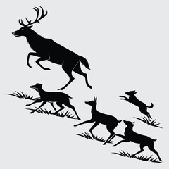 A herd of deer fleeing from a predator image silhouette design vector art and illustration
