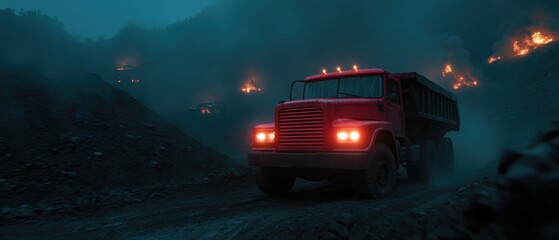 Obraz premium Red Truck Navigating Dark, Misty Road Near Burning Forest