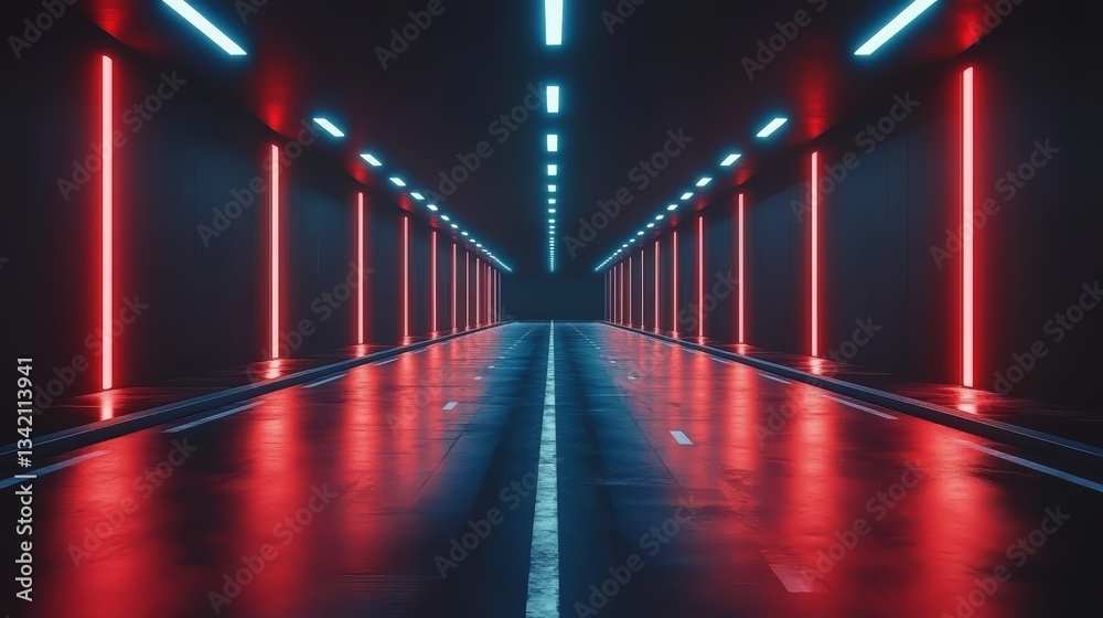 Aufkleber Long, empty tunnel with red and blue lights illuminating the space. The lights are on, creating a bright and vibrant atmosphere. The tunnel appears to be empty, with no people or objects visible