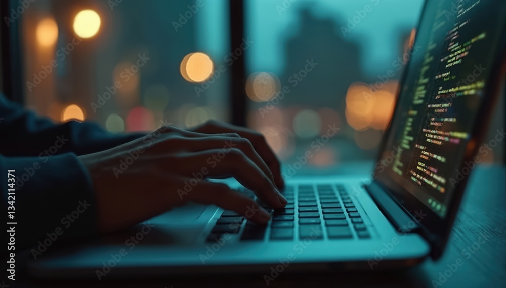 Poster Person types on laptop keyboard at night, coding. Software developer works late. Digital tech, cybersecurity concept. Fingers type code, program. Abstract bokeh lights background, blurred city view.