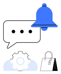 Chat bubble with three dots, blue bell, settings gear, and shopping bag with price tag. Ideal for communication, alerts, automation, e-commerce, notifications updates and marketing flat simple