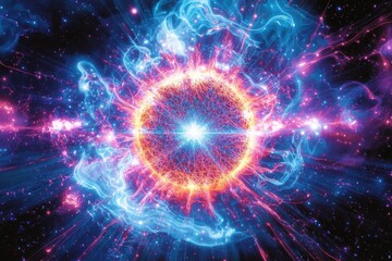 Fototapeta premium A mesmerizing cosmic illustration of a supernova explosion in outer space, with vibrant swirling nebulae and radiating energy, showcasing the beauty of the universe.