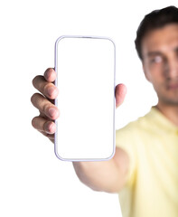 Man holds smartphone with blank white screen for mockup	