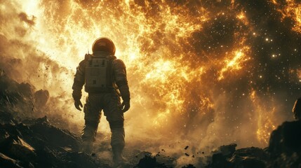 Fototapeta premium Astronaut Exploring a Fiery Nebula in a Rocky Landscape