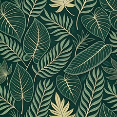 seamless leaf pattern Lush Emerald Leaves Outlined In Gold, A Vibrant Tapestry Of Natures Elegance With A Rich, Dark Background