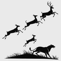 A herd of deer fleeing from a predator image silhouette design vector art and illustration