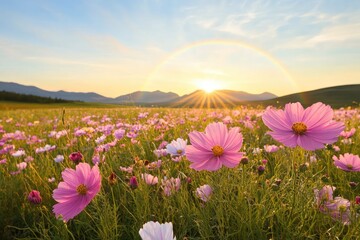 Fototapeta premium Pink Cosmos Flowers at Sunrise with Rainbow Over Mountain Landscape