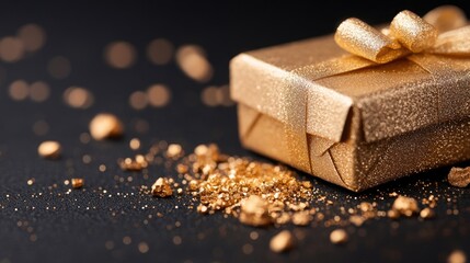 Luxurious Golden Gift Box with Sparkling Glitter on Black Background for Celebrations