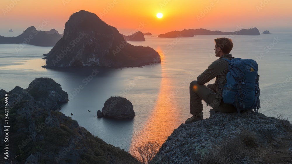 Aufkleber man sits on a rock overlooking a body of water with a sunset in the background. concept of peace and