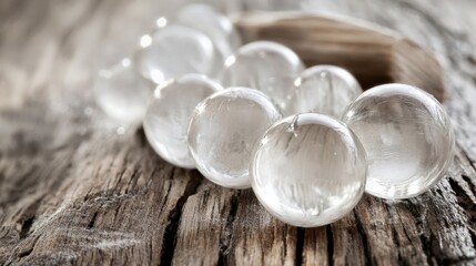 Crystal Clear Decorative Marbles on Rustic Wooden Surface