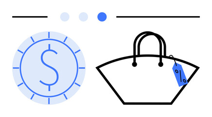Dollar coin beside shopping bag with price tag highlighting finance, retail, pricing, e-commerce, shopping, savings, and budgeting. Ideal for economy themes, flat simple metaphor