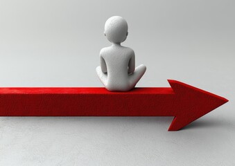 Meditative figure sits atop a red arrow, white background