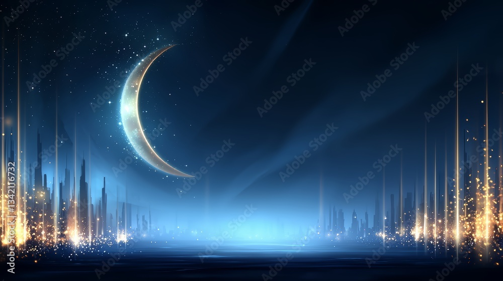 Aufkleber beautiful night sky with a large crescent moon shining brightly. in the background, there is a citys