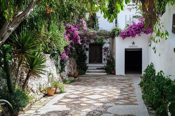 Obraz premium Mediterranean Courtyard Entrance with Lush Bougainvillea