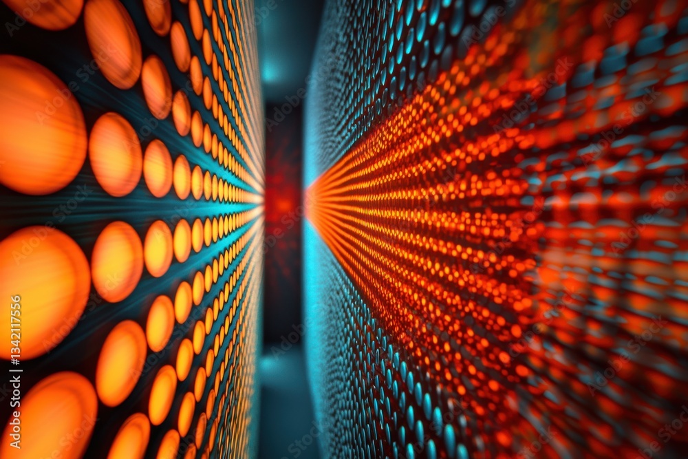 Poster futuristic abstract background with orange and blue glowing circles in a grid pattern, creating a se
