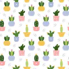 Seamless vector pattern with small cacti in cheerful bright pots. Summer print with prickly house plants