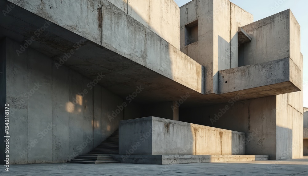 Poster abstract architectural composition of raw concrete neo brutalism. geometric walls pattern with sunli