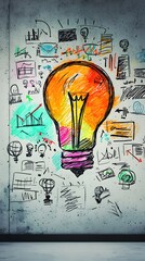 Creative Light Bulb Illustration with Business Concepts on Wall