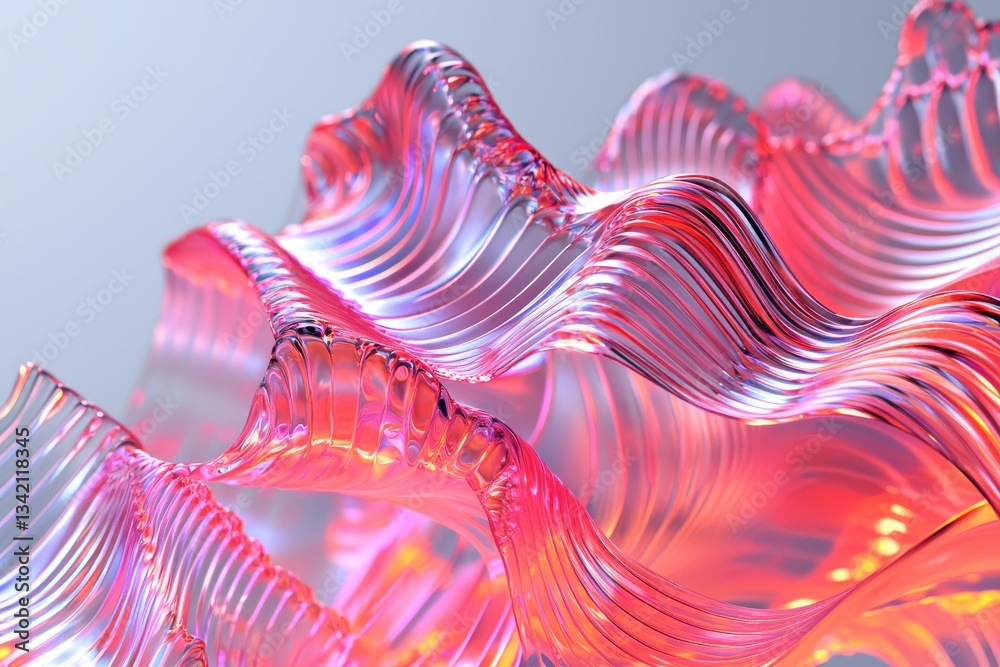 Poster abstract iridescent wave pattern with smooth, flowing lines and vibrant colors, creating a mesmerizi
