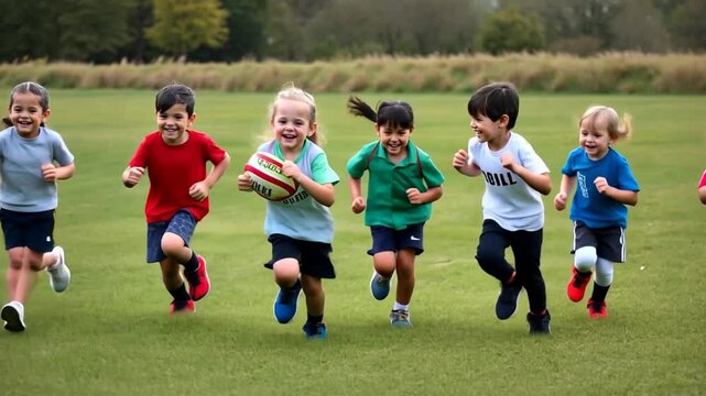 Joyful children running and playing rugby on green field representing a happy and active childhood scene