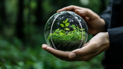 Person is holding a glass ball with a plant inside of it. Concept of care and nurturing, as the person is holding the plant in a safe and secure environment