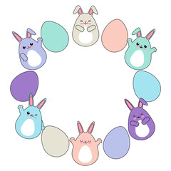 Easter bunnies and colored eggs round frame - border with cute rabbits