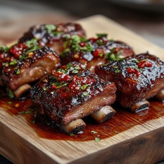 Delicious bbq pork ribs with chili sauce and herbs on wooden board