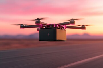 Futuristic Drone Flying Over Highway at Sunset with Scenic Mountain Background