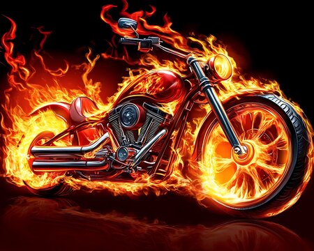 A motorcycle engulfed in vibrant flames against a black background