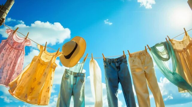 A row of light summer clothes, including children's dresses, jeans, scarves, and a straw hat, drying on a clothesline under a bright blue sky with soft clouds. Concept of freshness and carefree summer