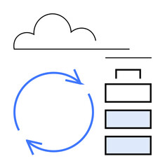 Cloud above a data storage stack with arrows forming a circular flow. Ideal for concepts of technology, connectivity, cloud computing, data management, communication, networking, flat simple metaphor