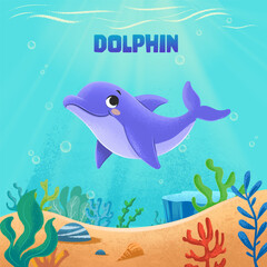 dolphin character illustration in the sea with coral plants