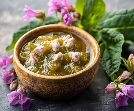 A bowl of homemade comfrey root ointment with fresh blooming Symphytum officinale plant. Herbal or alternative medicine