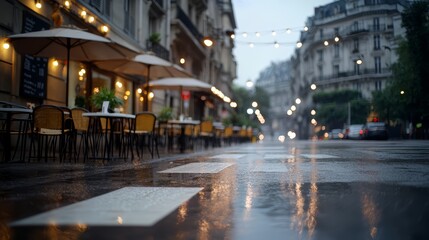 Rainy city street with umbrellas and tables outside of restaurants. The street is wet and the lights are on
