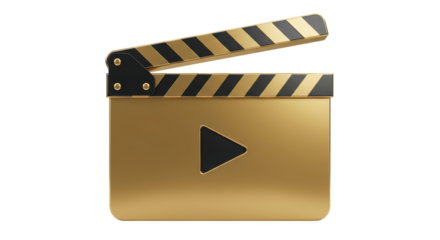 Isolated Golden Clapperboard with Play Button for Media Production