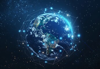 Obraz premium A digital illustration of the Earth with glowing connections between points representing a global network, symbolizing connectivity and technology. The background is a dark blue to accentuate the 