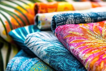 Fototapeta premium A vibrant stack of intricately patterned fabrics with a textured surface, creating a colorful and detailed composition ideal for backgrounds, textile design, and artistic projects.