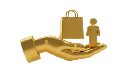 Isolated Hand Holding Golden Figure with Shopping Bag