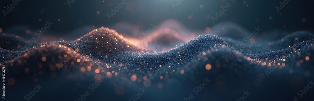 Poster abstract blurred dark blue particle waves with light orange bokeh background. futuristic glowing dot