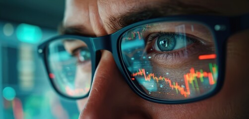 Close up of man face with financial chart reflected in eyeglasses. Trader analyzes stock market data, forex currency exchange graphs. Business, finance trading concept. Digital banking, crypto